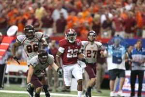 Alabama's Christion Jones takes a kick back to the endzone for one of three touchdowns he scored against the Hokies. (UA photo)