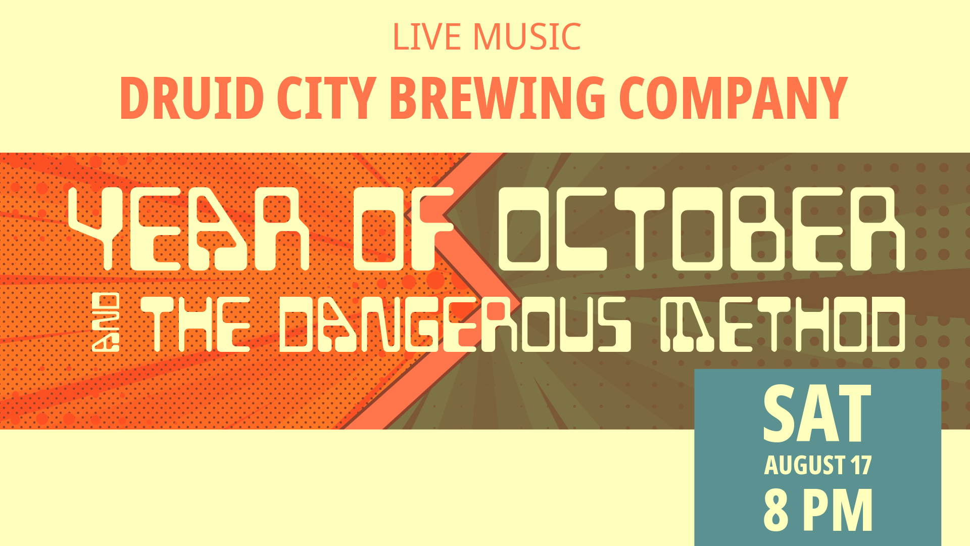 Druid City Brewing Company presents live music with Year Of October and The Dangerous Method. August 17, 2024 at 8 p.m.