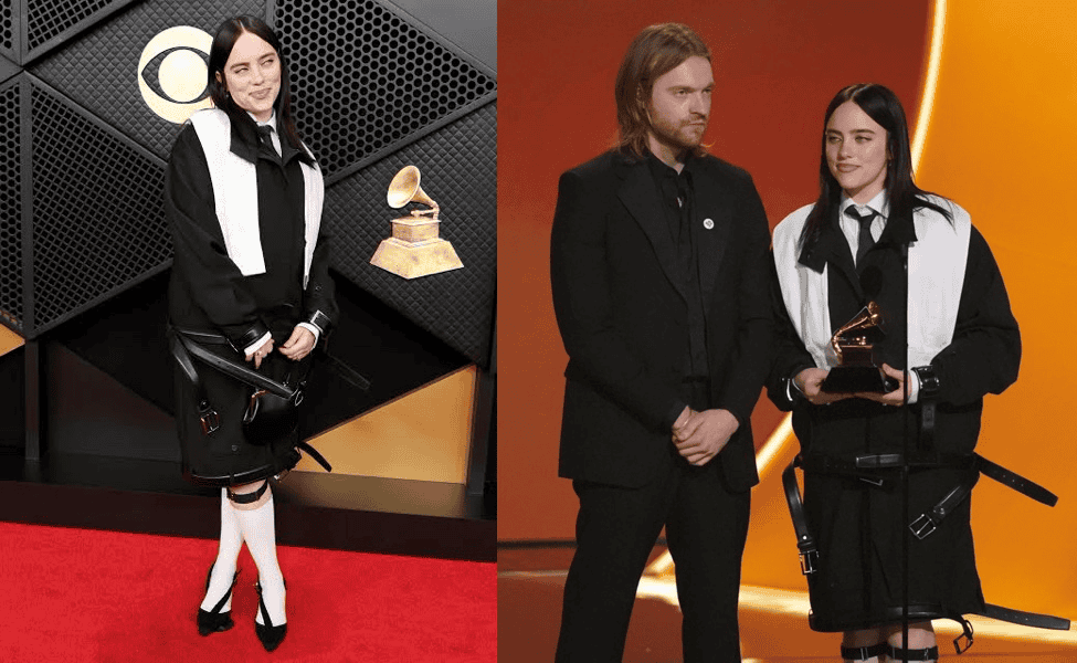 Billy Eilish on the red carpet and her accepting a Grammy with FINNEAS