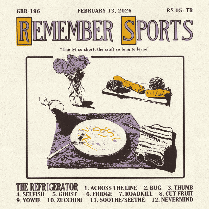 Remember Sports album cover with the band name at the top what looks like a mostly finished dinner with flowers below it.