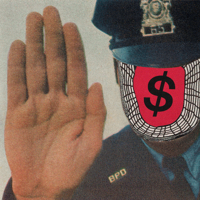 Angel Du$t album cover of a cop with his hand up but the face is a red oval with the $ they use instead of an S like in their name.
