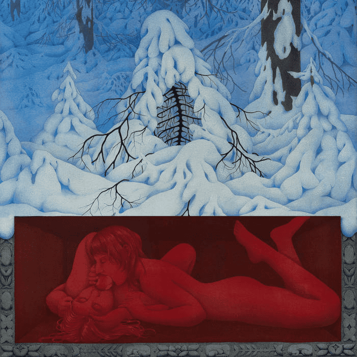 Cardinals album cover, a snowy scene with a red rectangle of Adam and Eve sharing the forbidden apple.