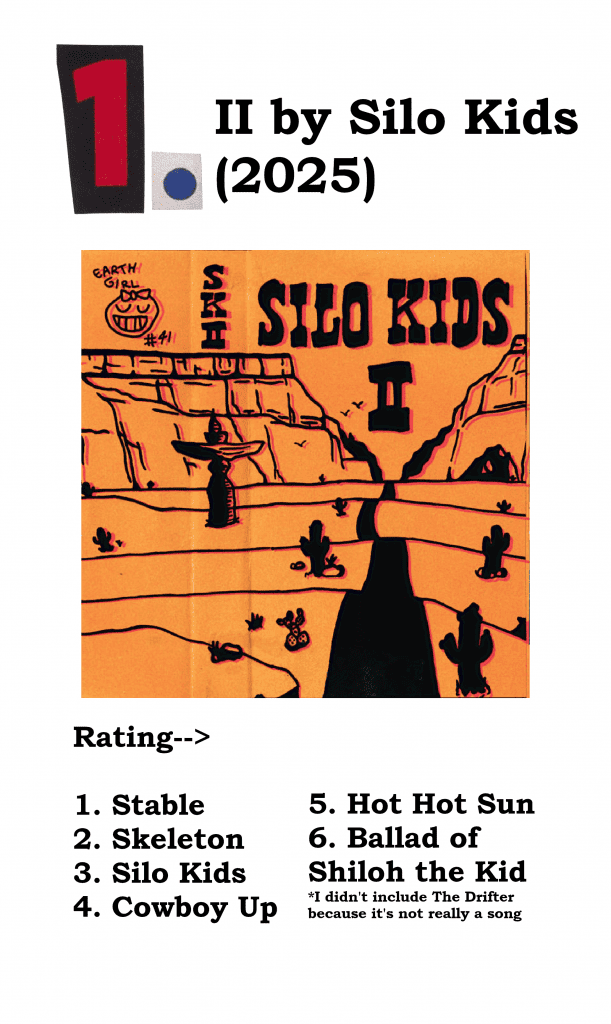 A graphic with Silo Kid's album cover for "II", the year of its release, and the author's rating of its songs.
#1 - II by Silo Kids
Rating->
1. Stable
2. Skeleton
3. Silo Kids
4. Cowboy Up
5. Hot Hot Sun
6. Ballad of Shiloh the Kid