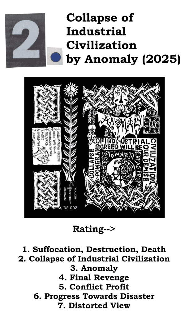 A graphic with Anomaly's album cover for "Collapse of Industrial Civilization", the year of its release, and the author's rating of its songs.
#2 - Collapse of Industrial Civilization by Anomaly
Rating->
1. Suffocation, Destruction, Death
2. Collapse of Industrial Society
3. Anomaly
4. Final Revenge
5. Conflict Profit
6. Progress Towards Disaster
7. Distorted View